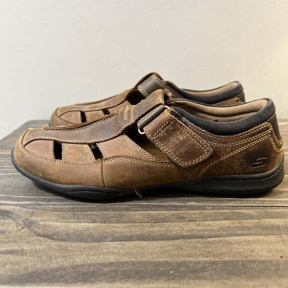 Skechers Mens Size 8 Brown Leather Adjustable Slip On Closed Toe Brown Sandal - Picture 1 of 8